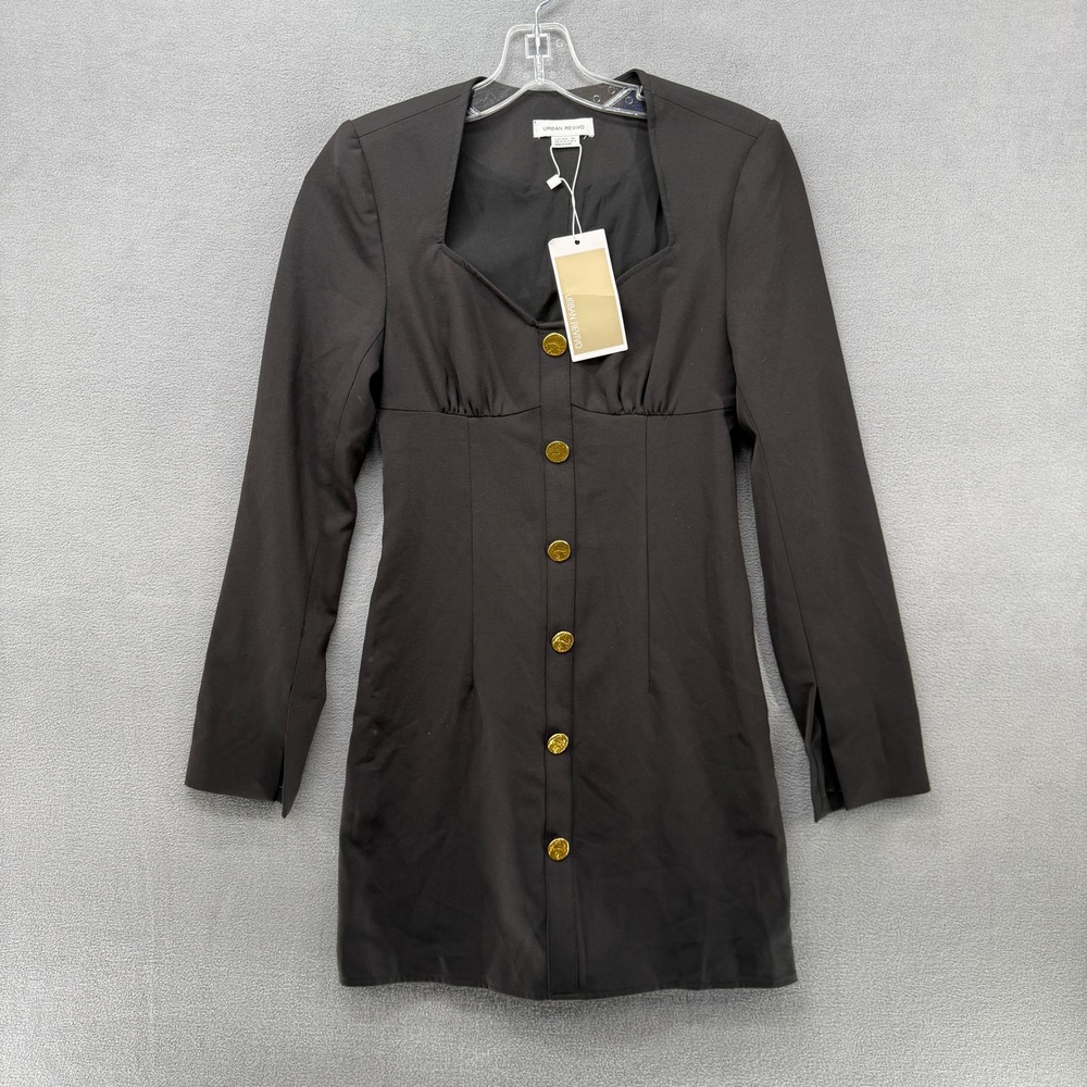 URBAN REVIVO Black Long Sleeve Button Up Mini Dress Size 4 Gold Buttons Lined